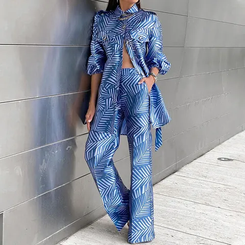 Women Casual Printed Two Piece Set Long Sleeve Lapel Shirt Top And Straight Leg Pants Tropical Palm Leaf Print Outfit