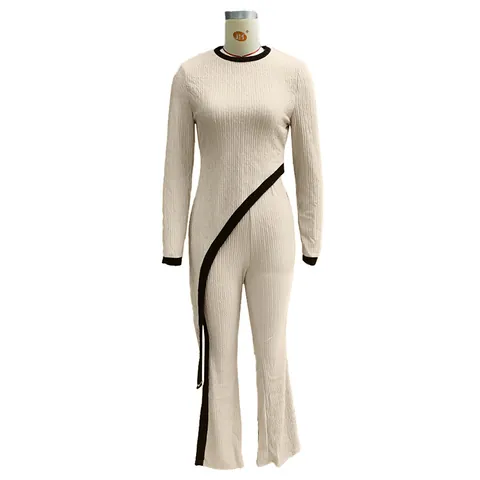 Elegant Color Block Patchwork Ribbed Knit Top And Bottom Pants Set For Women Casual Long Sleeve Pullover Crewneck Loose Wide Leg Trousers Two Piece Lounge Set