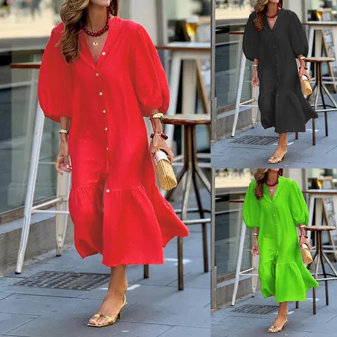 Women Puff Sleeve V-Neck Midi Dress Solid Color Single Breasted A-Line Casual Vacation Long Sleeve Summer Autumn Dress