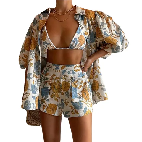 Women Floral Printed 3-Piece Set Fashion Lantern Sleeve Shirt Camisole And Shorts Set Vacation Style Top And Bottom