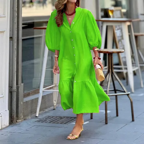 Women Puff Sleeve V-Neck Midi Dress Solid Color Single Breasted A-Line Casual Vacation Long Sleeve Summer Autumn Dress