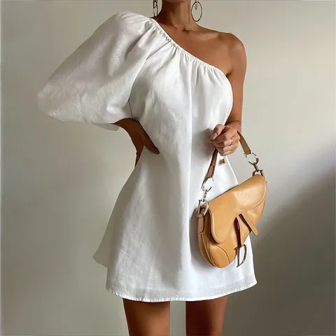 Women's One Shoulder Cotton Linen Dress Fashion Loose Puff Sleeve Solid Color Asymmetric Mini Dress Elegant Summer Party Wear