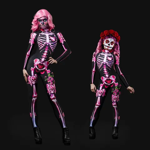 Halloween Skeleton Pink Flower Printed Jumpsuit For Women And Kids Polyester Slim Fit Horror Cosplay Costume Party Outfit