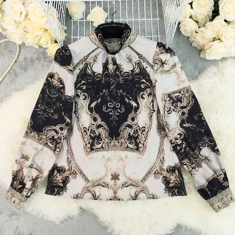 Elegant French Retro Palace Style Baroque Print Blouse Stand Collar Lantern Sleeve Pullover Top For Women Party Commute