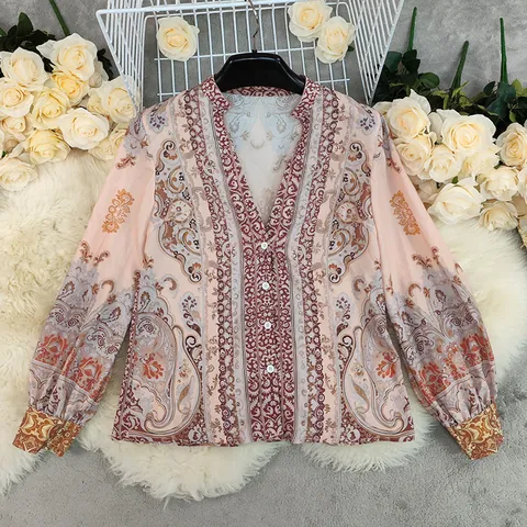 Women's Bohemian Print Blouse V-Neck Lantern Sleeve Loose Shirt Long Sleeve Polyester Floral Top For Spring Daily Vacation
