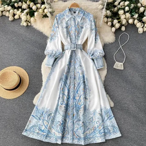 Women's Fashion Long Sleeve Paisley Printed Shirt Dress Lapel Button Midi Dress With Belt Elegant Office Casual Polyester Robe