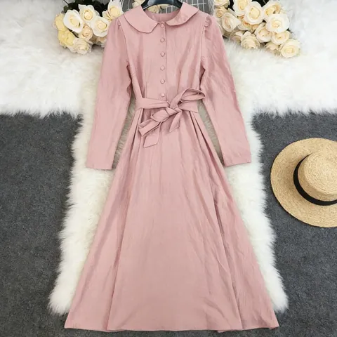 Women Retro Cotton Linen Maxi Dress Solid Color Long Sleeve Lapel Collar Waist Tie Casual Loose A-Line Long Dress Spring Fashion