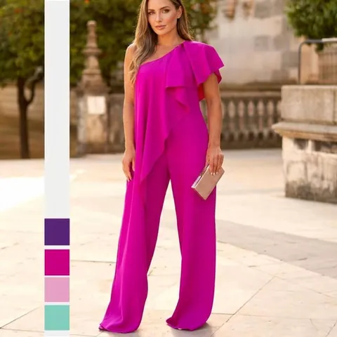 Women Elegant One-Shoulder Ruffle Wide Leg Jumpsuit Solid Color Polyester Asymmetric Long Jumpsuit For Party Evening Casual