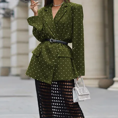 Women Polka Dot Lapel Long Sleeve Blazer Fashion Printed Suit Jacket With Waist Belt Elegant Office Commuter Wear Top