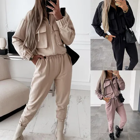 Women Fashion Loose Casual Long Pants Cuffed Sports Suit Top And Bottom Two Piece Set With Pockets Zip Hoodie Tracksuit