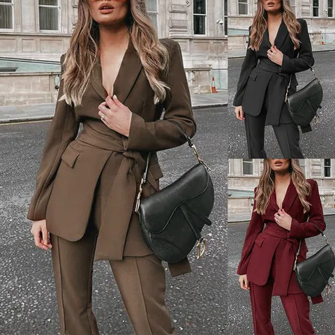 Women Polyester Top And Bottom Set Fashion Thickened Tie Waist Blazer And Pants Two Piece Suit Office Lady Commuter Outfit