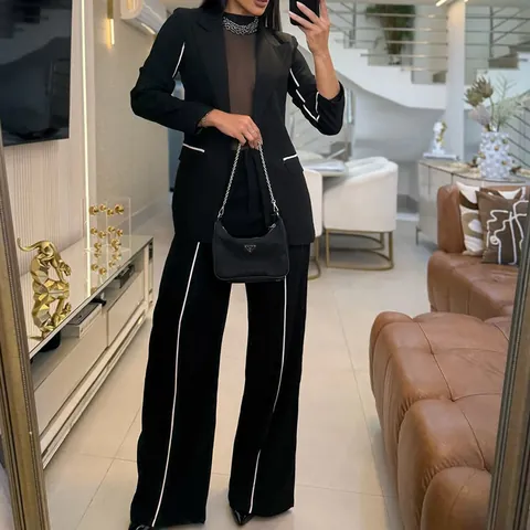 Women Elegant Colorblock Blazer Top And Bottom Outfit Office Commute Polyester Lapel Blazer Wide Leg Pants For Ladies