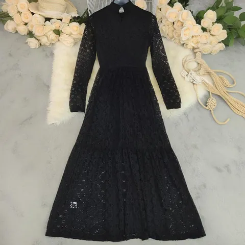 Vintage Women Black White Lace Maxi Dress Long Sleeve Slim Fit High Waist Tiered A-line Skirt Elegant Party Evening Dress