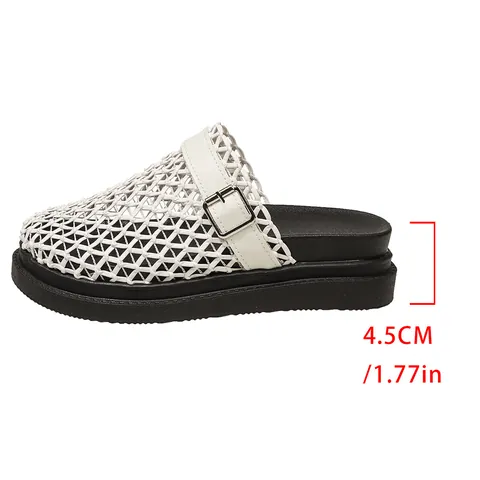 Women Woven Hollow Out Mule Slippers Platform Thick Sole Beach Sandals Non-Slip Breathable Casual Summer Slides PU Leather Shoes