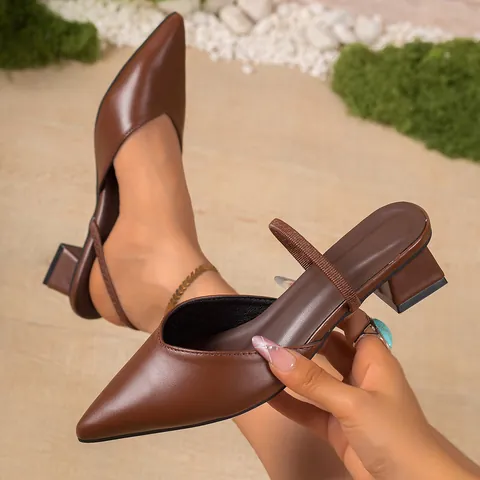Donna Mules Punta a Punta Slingback Tacco Alto Tacco Quadrato Pelle PU Tinta Unita Estate Ufficio Elegante Scarpe Basse