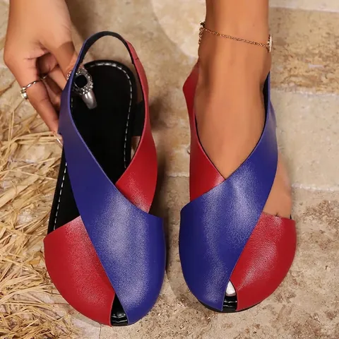 Damen Peep-Toe Kreuzgurt Flache Sandalen Weiches Kunstleder Gummiband Lässige Alltagsschuhe Sommer Strand Sandalen