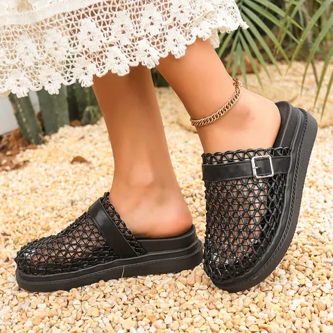 Women Woven Hollow Out Mule Slippers Platform Thick Sole Beach Sandals Non-Slip Breathable Casual Summer Slides PU Leather Shoes
