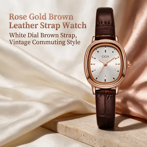 GEDI Vintage Elliptische Damen Quarzuhr Wasserdicht Echtlederarmband Elegant Minimalistisch Roségold Gehäuse Armbanduhr