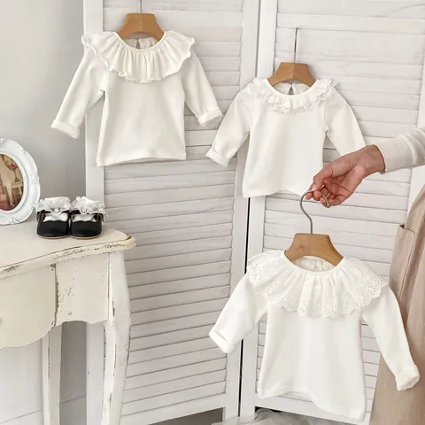 Baby Girls Long Sleeve Cotton Bottoming Shirt Retro Lace Ruffle Collar Solid Color T-Shirt For Toddler Infant Daily Wear