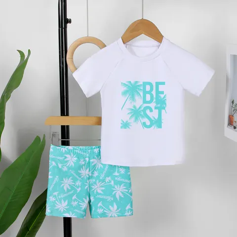 Kids Boys Dinosaur Print Long Sleeve Top And Shorts Swimming Suit Set Sun Protection Rash Guard Beachwear Swimsuit