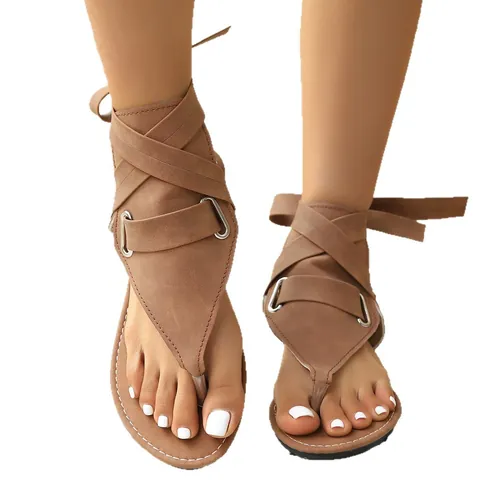 Damen Gladiatorsandalen Flache Zehentrenner Römer Sandalen Kreuzwickel Riemchensandalen Knöchelhoch Strand Sommerschuhe