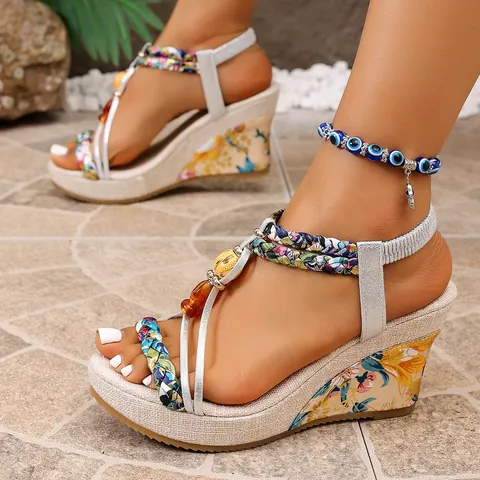 Women's Bohemian Wedge Sandals Woven Straps Rhinestone Stone Embellished Floral Print Platform Roman Beach Casual Sandals