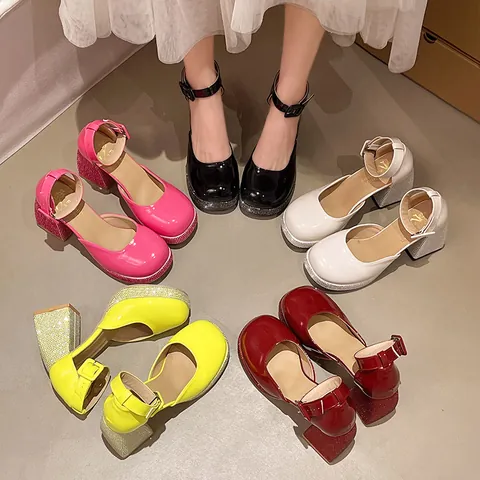 Women Patent Leather Rhinestone Mary Jane Shoes Block High Heel Platform Party Wedding Performance Fashion Pump Single Shoes