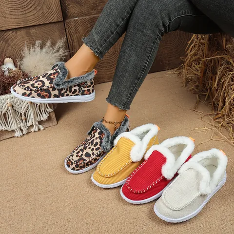 Damen Cord Kunstfell Gefüttert Moccasin Hausschuhe Lässige Flache Loafer Leopardenmuster Warm Winter Outdoor Indoor Bequeme Schuhe