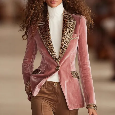 Blazer in Velluto da Donna Slim Fit Giacca Manica Lunga Patchwork Leopardato Collo a Revers Bottone Singolo Velluto Top C88077