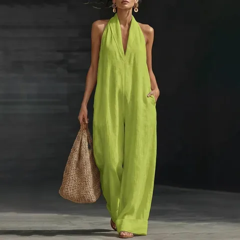 Women Halter Neck Deep V Jumpsuit Elegant Sleeveless Wide Leg Solid Color Woven Polyester Casual Summer Romper With Pockets