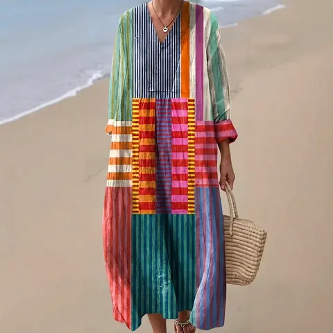Women's 3D Floral Print Long Sleeve Maxi Dress Casual V-Neck Bohemian Shirt Dress Plus Size Beach Vacation Apparel