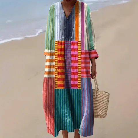Women's 3D Floral Print Long Sleeve Maxi Dress Casual V-Neck Bohemian Shirt Dress Plus Size Beach Vacation Apparel