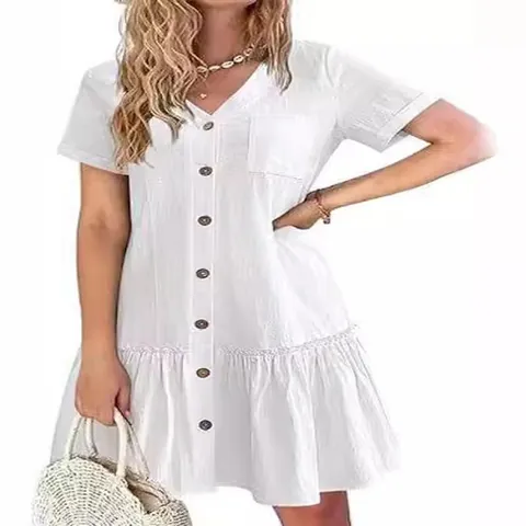 Vestido de Algodón y Lino para Mujer Cuello en V Manga Corta con Botones Dobladillo con Volantes Holgado Casual Vestido Midi de Verano