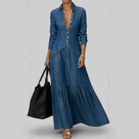 Women Retro Denim Maxi Dress Long Sleeve Large Lapel V Neck Tiered Hem Button Front Distressed Washed Casual Streetwear Dress