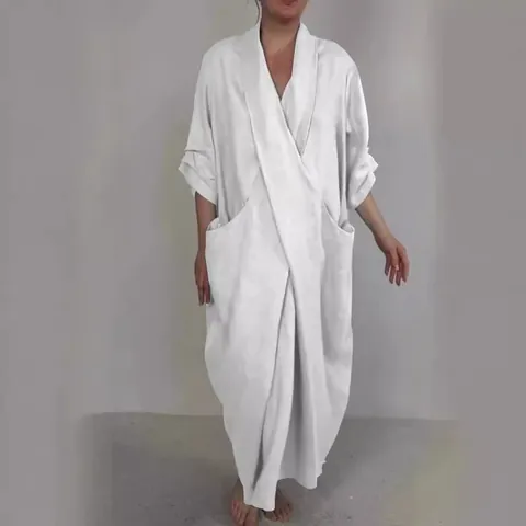 Women Linen Cotton Blend Robe Dress V-Neck Oversized Maxi Dress With Large Pockets Solid Color Split Hem Summer Autumn Streetwear
