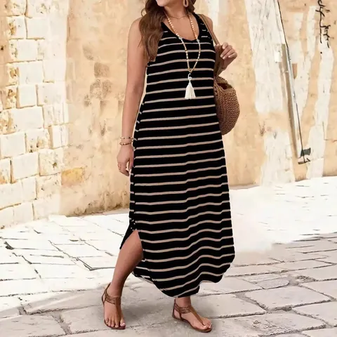 Women Sleeveless Striped Maxi Dress Sexy Beach Tank Dress Side Slit Round Neck Casual Streetwear Polyester Spandex Dress