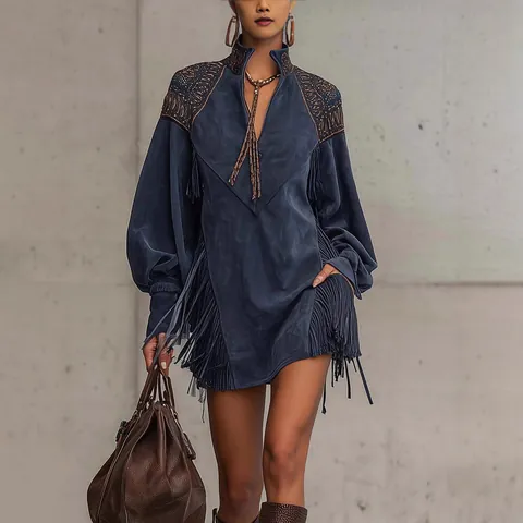Robe Bohème en Suède Col en V Brodée Avec Franges Manches Lanternes Longues Couleur Unie Robe Mini Trapèze pour Femmes Vacances