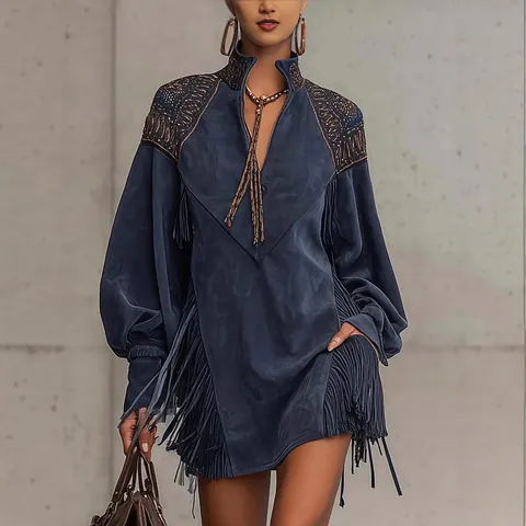 Robe Bohème en Suède Col en V Brodée Avec Franges Manches Lanternes Longues Couleur Unie Robe Mini Trapèze pour Femmes Vacances