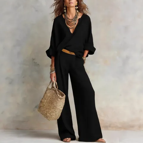 Ensemble Deux Pièces Décontracté pour Femmes Col V Manches Longues Haut Ample Et Pantalon Large