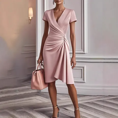 Women Elegant V-Neck Ruched Midi Dress Short Sleeve Slim Fit Solid Color Polyester PVC Splicing Dress For Business Casual Daily