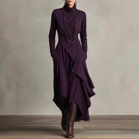 Women Long Sleeve Wrap Maxi Dress Elegant High Neck Cross Front Irregular Hem Knit Bodycon Autumn Winter Solid Color Slim Fit Dress