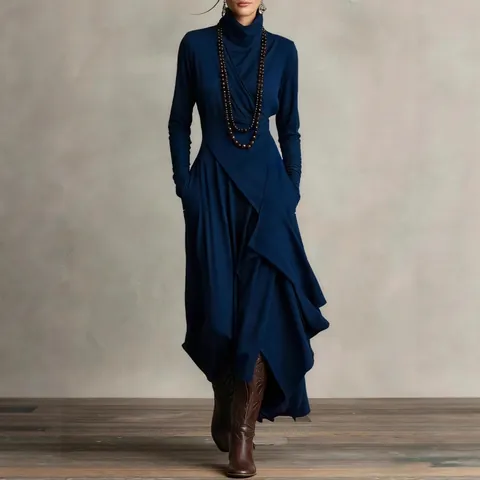 Women Long Sleeve Wrap Maxi Dress Elegant High Neck Cross Front Irregular Hem Knit Bodycon Autumn Winter Solid Color Slim Fit Dress