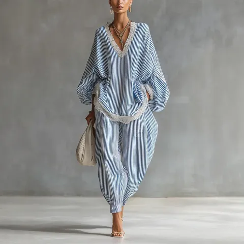 Women Blue White Striped Top And Bottom Set Lace Trim V Neck Lantern Sleeve Wide Leg Pants Loose Bohemian Casual Suit