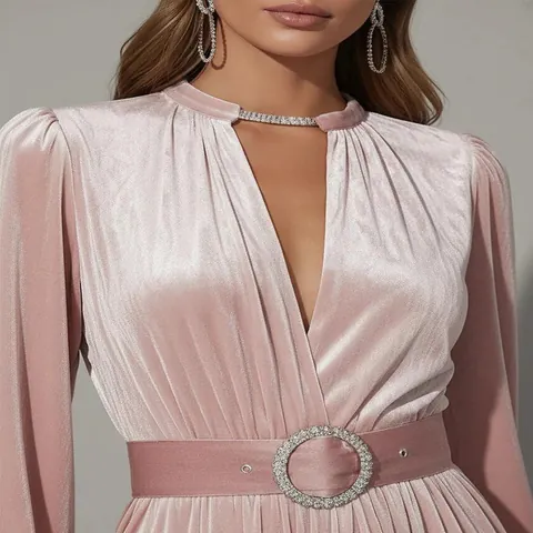 Women Elegant Puff Sleeve Pleated Velvet Midi Dress High Waist V Neck Solid Color Dusty Pink Dress With Belt Party Night