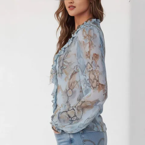 Women Tie Dye Snake Print Ruffle V-Neck Blouse Polyester Long Sleeve Bohemian Style Flare Sleeve Zipper Top Slim Fit Shirt