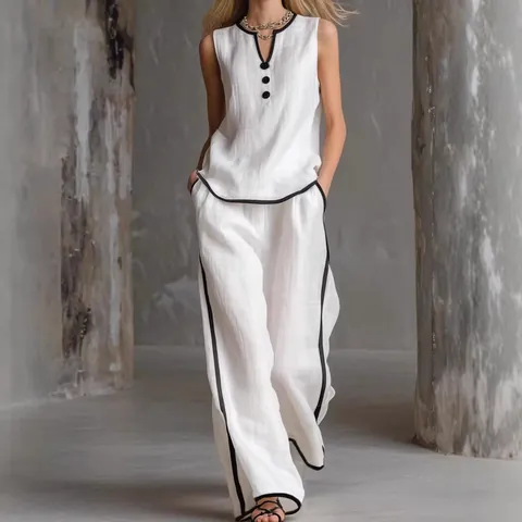 Completo Donna Elegante Senza Maniche Scollo a V con Bordo a Contrasto Top And Bottom Set Casual Pantaloni a Gamba Larga Estate