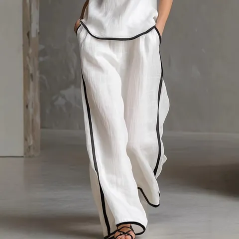 Completo Donna Elegante Senza Maniche Scollo a V con Bordo a Contrasto Top And Bottom Set Casual Pantaloni a Gamba Larga Estate