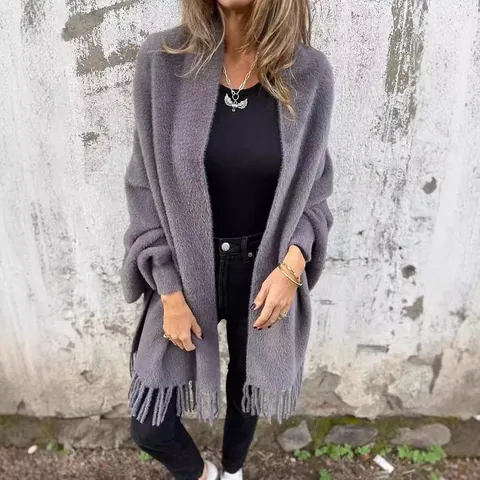 Chaqueta Poncho de Punto con Borlas para Mujer Ajuste Holgado Manga Murciélago Cárdigan Chal Abierto Delantero Poliéster Cálido