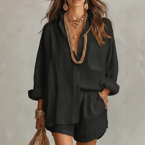 Γυναικείο Casual Oversized Πουκάμισο Και Σορτς Σετ Καλοκαιρινό Lounge Μακρυμάνικο Μπλούζα Και Παντελόνι Μονόχρωμο Outfit