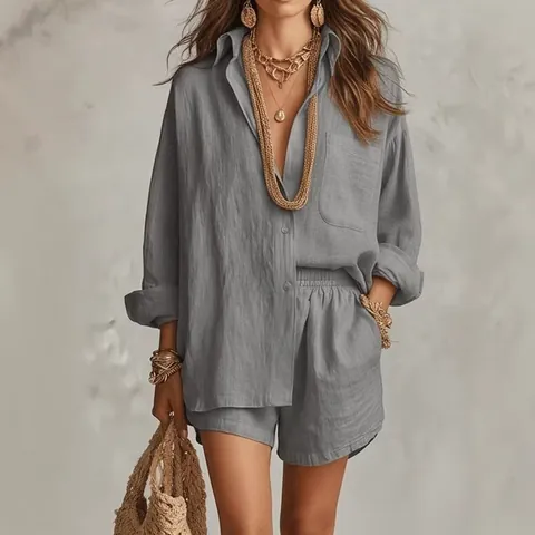 Γυναικείο Casual Oversized Πουκάμισο Και Σορτς Σετ Καλοκαιρινό Lounge Μακρυμάνικο Μπλούζα Και Παντελόνι Μονόχρωμο Outfit